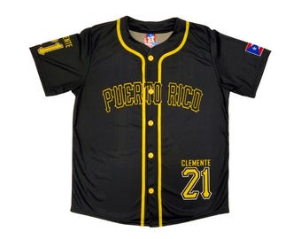 Roberto Clemente #21 Puerto Rico Baseball Jersey – Black, Gold Trim