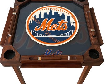 New York Mets Domino Table – Handmade 36x36 with Foldable Wooden Legs & Glass Top