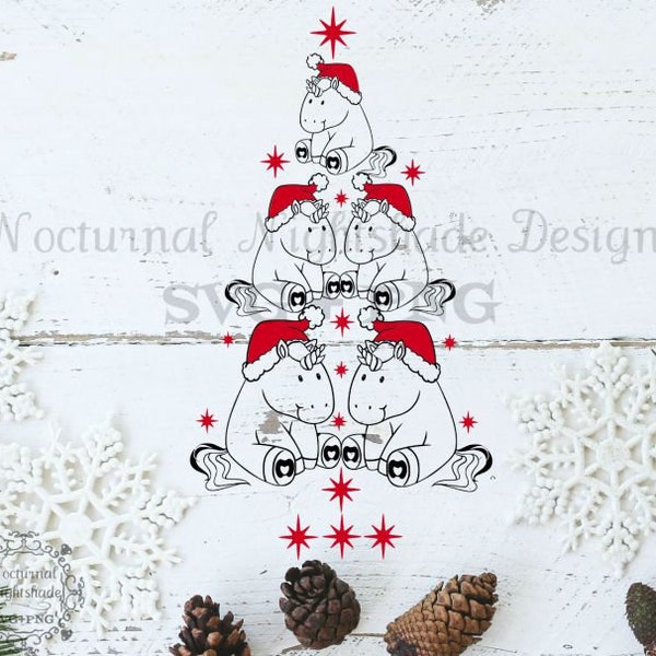 Unicorn Kerstboom Svg, Eenhoorns met Santa Hat Svg, Cute Christmas Tree Svg, Unieke Kerst Svg, Magische Kerstboom Dxf