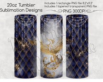 Phoenix Skinny Tumbler Sublimation, 20oz -  Gothic Blue and Gold Tumbler Design PNG for Straight and Tapered 20oz Tumbler Sublimation Files