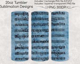 Musical Skinny Tumbler Sublimation - Blue Classical Musical Notes Design PNG for Straight and Tapered 20oz Tumbler Sublimation Files