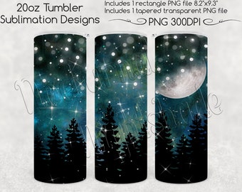 Starry Night Skinny Tumbler Sublimatie, 20oz - Maanlicht met Maan, Galaxy Night PNG voor Straight &Tapred 20oz Tumbler Sublimation File