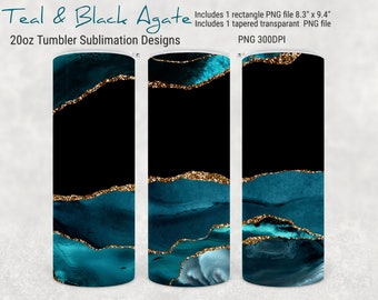 Agate Skinny Tumbler Sublimation, 20oz -  Teal Blue, Gold and Black Agate PNG for Straight and Tapered 20oz Tumbler Sublimation Files