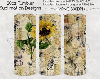 Bee and Sunflower Skinny Tumbler Sublimation, 20oz - Shabby Chic Bumble Bee Queen PNG for Straight and Tapered 20oz Tumbler Sublimation