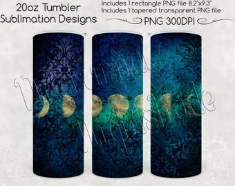 Moon Phases Skinny Tumbler Sublimation, 20oz - Blue Damask Moonlight Galaxy Night PNG for Straight & Tapered 20oz Tumbler Sublimation Files