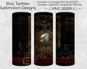 Gothic Skull Skinny Tumbler Sublimation, 20oz - Poison Goth Tumbler Design PNG voor rechte en taps toelopende 20oz Tumbler Sublimation Files
