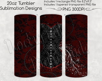 Gothic Corset Skinny Tumbler Sublimatie, 20oz - Zwart en Rood Glitter Goth PNG voor Recht & Taps toelopende 20oz Tumbler Sublimatie Bestanden