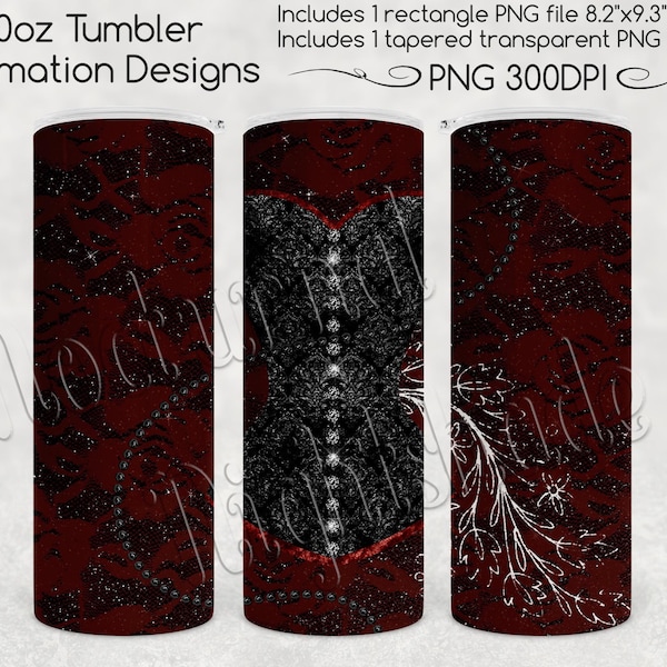 Gothic Corset Skinny Tumbler Sublimation, 20oz - Black and Red Glitter Goth PNG for Straight & Tapered 20oz Tumbler Sublimation Files