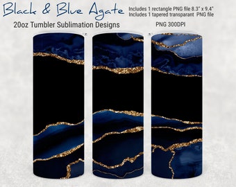 Agate Skinny Tumbler Sublimation, 20oz -  Blue and Black Agate PNG for Straight and Tapered 20oz Tumbler Sublimation