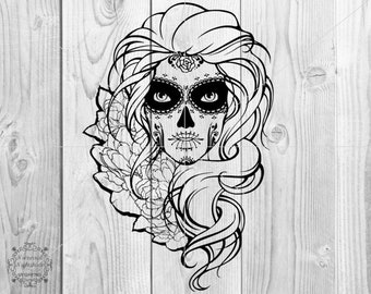 Sugar Skull SVG, Dia de los Muertos Lady SVG, Woman Skull SVG, Cut File, Skull Lady with Roses Flowers Png Printable, File for Cricut