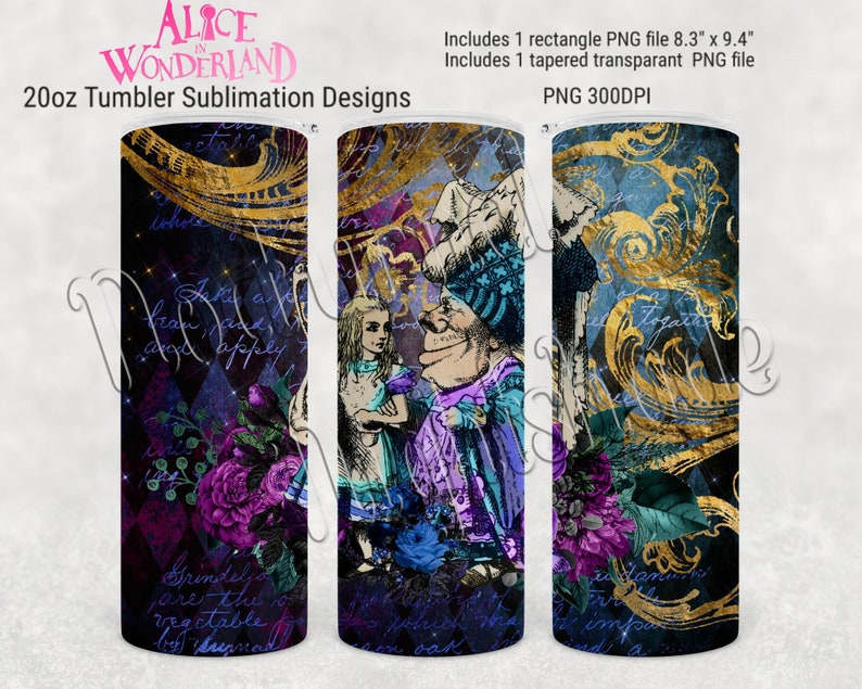 Alice in Wonderland Skinny Tumbler Sublimation, 20oz Purple Victorian Alice PNG, for Straight and Tapered 20oz Tumbler Sublimation image 1