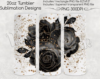 Gothic Rose Skinny Tumbler Sublimatie, 20oz - Zwarte en Gouden Rozen, Glitter Goth PNG voor Recht & Taps toelopende 20oz Tumbler Sublimatie Bestand