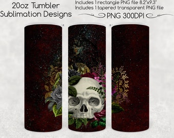 Gothic Skull Skinny Tumbler Sublimatie, 20oz - Red Glitter Spiderweb, Floral Skull Goth PNG voor Straight & Tapred 20oz Tumbler Sublimation