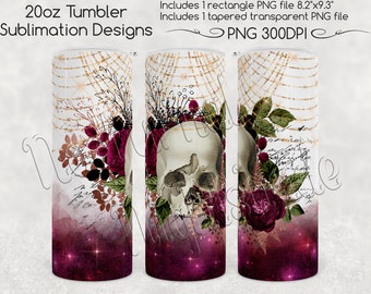 Gothic Skull Skinny Tumbler Sublimatie, 20oz - Bourgondië Full Wrap Floral Skull Goth PNG voor Rechte & Taps toelopende 20oz Tumbler Sublimatie