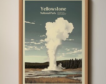 Yellowstone Old Faithful-print | Retro houtsnedekunst nationaal park