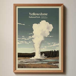 Lámina artística del géiser Old Faithful de Yellowstone / Póster xilográfico del parque nacional / Decoración de pared de viajes retro / Recuerdo de excursionista / Se vende sin marco
