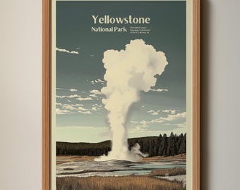 Yellowstone Old Faithful-geiserprint | Retro houtsnedeposter nationaal park