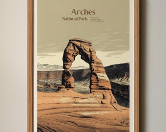 Fijne boogkunstprint | Retro houtsnede, Arches National Park (digitale download)