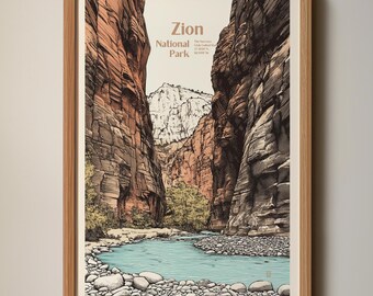 Zion National Park-kunstafdruk | Retro houtsnedeposter The Narrows