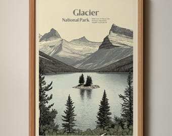 Houtsnede print Glacier National Park | Wild Goose Island-kunst (digitale download)