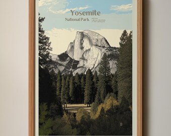 Yosemite Half Dome-kunstafdruk | Retro houtsnedeposter nationaal park