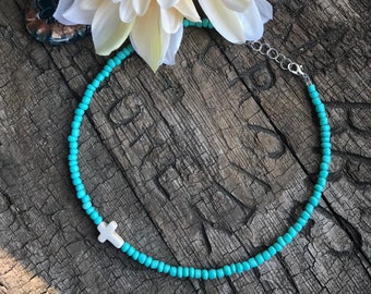 15" Turquoise White Cross Charm Seed Bead Choker Necklace Beach Western