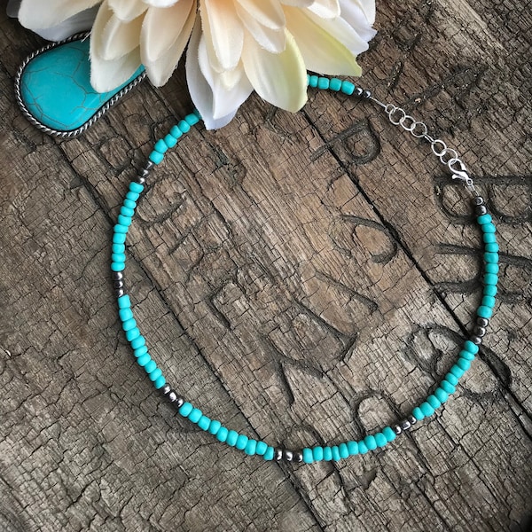 15" Turquoise & Silver Seed Bead Western Choker Necklace BOHO Punchy