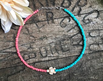 15" Sea Turtle Charm Turquoise Coral Seed Bead Choker Necklace BOHO Beachy