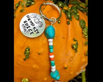 Pumpkin Spice Coffee Cup Fall Turquoise Key Chain Seed Bead Stamped Metal Art