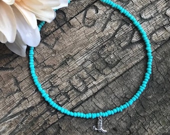 15” Turquoise Seed Bead Choker Necklace with silver Cowboy Boot Charm