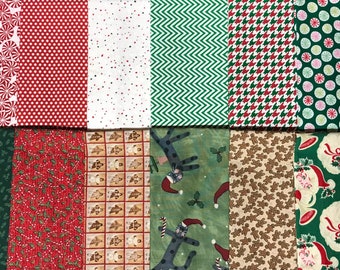 Christmas Cotton Quilt Fabric 12 FQ Bundle Destash Fat Quarter Peppermint Candy Cane Snowflake Santa Gingerbread Men Polka Dots Cats