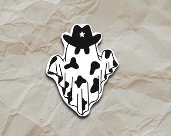 Pegatina de fantasma vaquero: resistente a la intemperie, adorable fantasma del oeste, estética vaquera espeluznante, impermeable para portátil, botella de agua y diario.