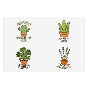 Klistermärken för växter med mentalt välbefinnande, 4-pack | Ångest Aloe, Cactus Club, Lavendel Mindwaves och Mindful Monstera | Terapidekaler för allt