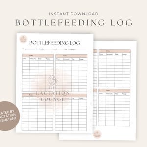 Op de afbeelding: Twee afdrukbare logbladen voor flesvoeding met een neutraal kleurenschema. De bovenkant van de pagina leest "Bottlefeeding Log" en bevat secties voor tijd, hoeveelheid, plas en poep. De tekst "Instant Download" staat bovenaan.