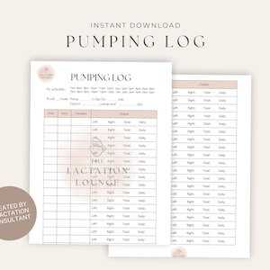 May include: A printable pumping log with the text "Pumping Log" at the top. The log includes sections for date, time, duration, and output, with spaces for left, right, total, and daily measurements. The words "Instant Download" are at the top.