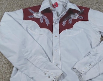 Vintage Chute #1 Pearl Snap Western Shirt - Blue & Burgundy Embroidered Yoke Small/Medium