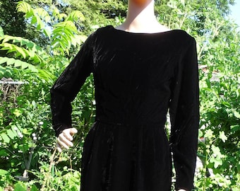 Vintage Black Midi Dress with Low Open Back, Elegant Long Sleeve Formal Cocktail Gown Goth Low Back Minimalist Witchy Alt Cocktail Dress