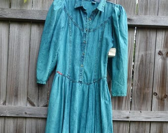 Vintage 80s Deadstock Hollywood Era Teal Acid Wash 100% Cotton Western Shirt Dress NWT NOS