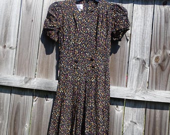 Vintage 90s Ditsy Floral Midi Dress | Karin Stevens Petite 4P Black Rayon Tea Dress, Short Puff Sleeve Grunge Prairie Cottagecore