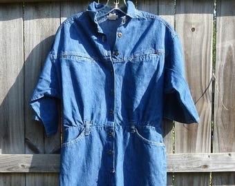 Vintage 80s Vivaldi Denim Shirt Dress Size 10 Made in the USA Retro Blue Jean Midi Dress Snap Front Elastic Waist Casual Cottagecore Western
