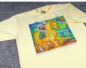 Vintage 2001 Louisville Kentucky Horse Racing T-Shirt M, Jerzees Heavyweight Blend Butter Yellow Fine Art Graphic Tee, Y2K Equestrian Style