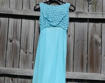 Vintage 60s 70s Aqua Blue Maxi Dress Daisy Lace Bodice • Robinsons California As-Is Repair Project Restore Project