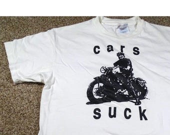 Vintage 90s Cars Suck Motorcycle T-Shirt L, Hanes Beefy-T Made in USA Biker Graphic Tee, Retro Edgy White Single Stitch Tee