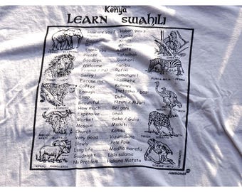 Vintage 90s Learn Swahili Kenya Graphic T-Shirt | Faded Tan Safari Tee | Cut Tag Men's Size Large L 23x26