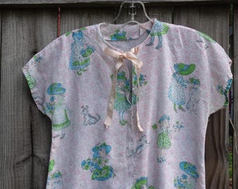 Vintage Floral Daydress Sz Small Holly Hobbie Style Bonnet Girls Cottage Flower Garden Cottagecore Retro Handmade Prairie Kitsch