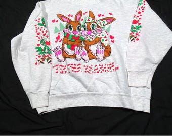 Vintage 90s Christmas Bunnies "Snuggle Up With Somebunny" Sweatshirt | Retro Holiday Crewneck Large | Volunteer Knit Apparel USA