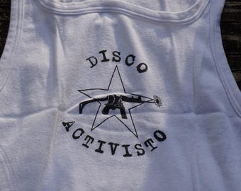 Vintage Disco Activisto Graphic Tank Top | Con-Ta German 100% Cotton Ribbed Undershirt | Euro Rave Y2K Clubwear | Chest 15-19 L 28