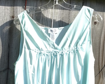 Vintage Vanity Fair Nylon Slip Dress Large Light Blue Soft Lingerie Nightgown Coquette Fairycore Loungewear Sheer Lace Trim Midi Chemise