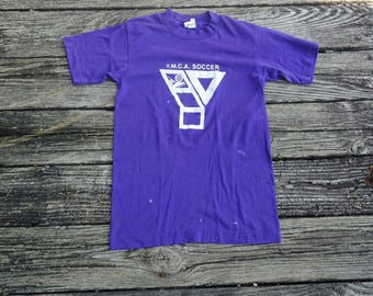 Vintage YMCA Soccer T-Shirt Purple Distressed Graphic Tee Size Small