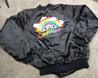 Vintage 80s Eastman Kodak Satin Bomber Jacket XL | Hartwell Made in USA Rainbow Logo Retro Photography Streetwear Collectible Jacket